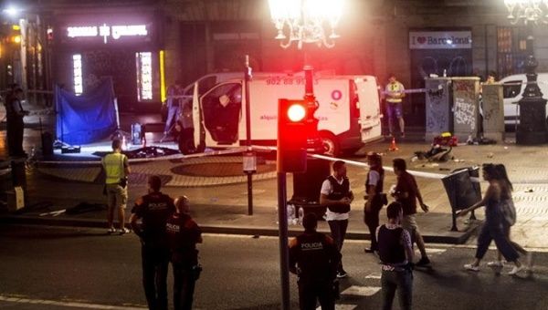 Night scene showing the van which plowed into pedestrians in the busy Spanish street, Barcelona, Spain, August 17, 2017