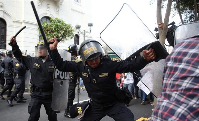 Police clashed with the teachers in central Lima, Peru, August 17, 2017.