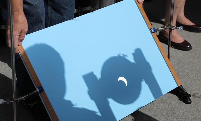 The view from a telescope as it projects the shadow of the solar eclipse in Irvine, California
