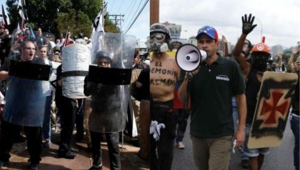 Charlottesville neo-Nazi rioters (left) and Venezuelan right-wing opposition protesters (right).