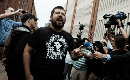 White nationalist leader Matthew Heimbach outside Charlottesville General Courthouse shouts in defense of James Alex Fields Jr., arrested over the death of the protester at the August 12 rally