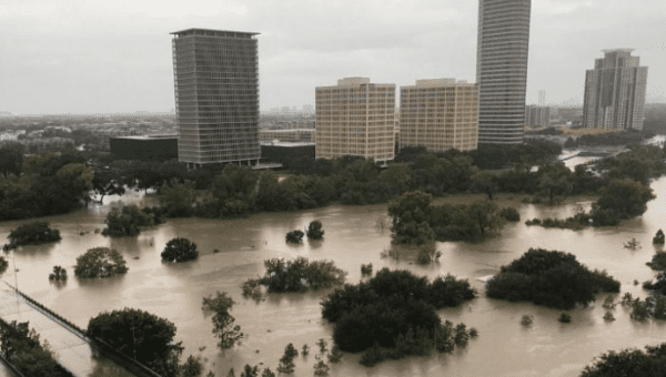 Flooded downtown seen from a high rise along Buffalo Bayou after Hurricane Harvey caused widespread flooding, in Houston, August 27