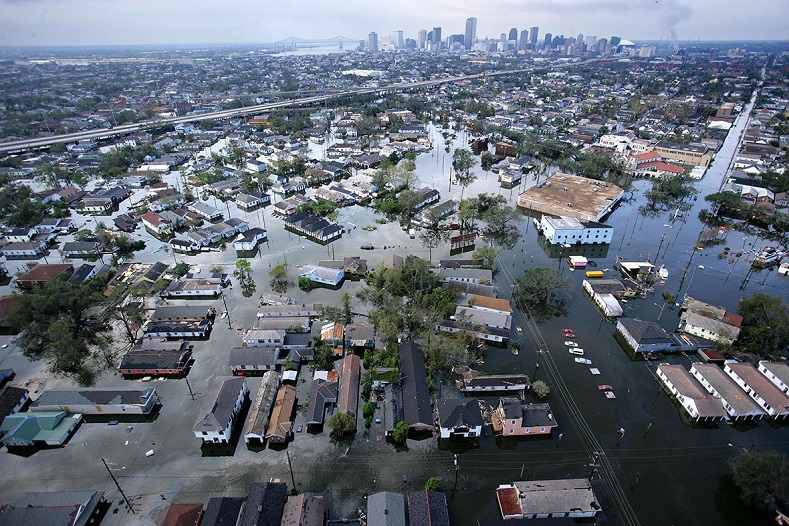 An aerial view shows flood waters covering streets in New Orleans. It was estimated that 80% of New Orleans was underwater as levees began to break and leak around Lake Pontchartrain.