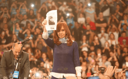  Cristina Fernandez de Kirchner holds up a photo of Santiago Maldonado at a rally in La Plata, Argentina, August 30, 2017