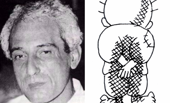 Naji Salim Hussain al-Ali (L) and his most iconic cartoon, of a refugee Palestinian boy, Handala (R).