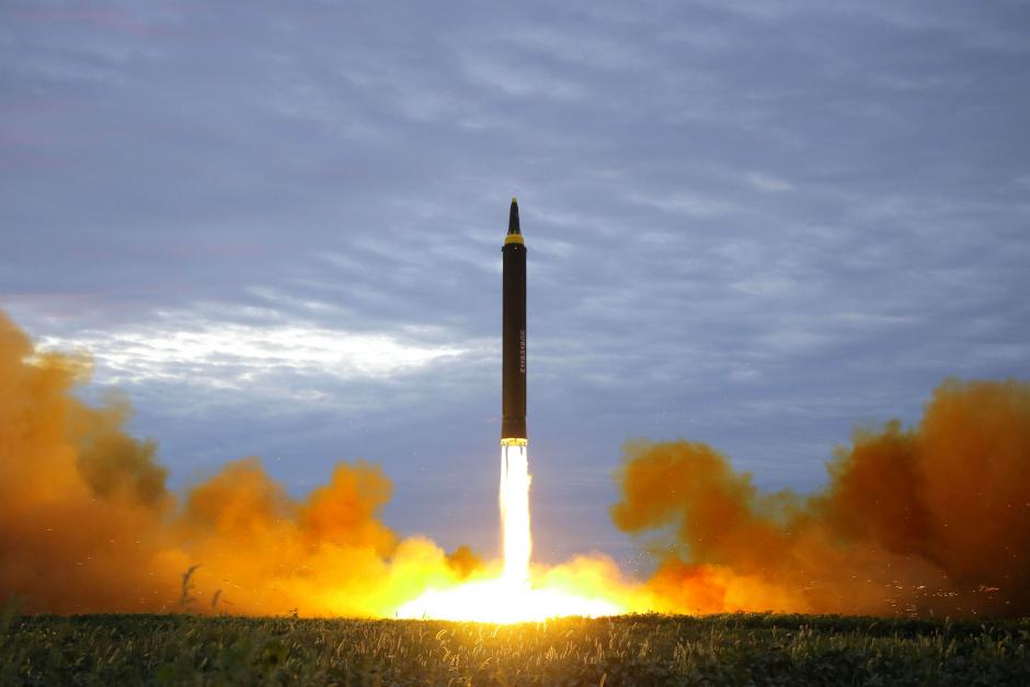A missile is launched during a long and medium-range ballistic rocket launch drill in this photo released by North Korea's Korean Central News Agency (KCNA) in Pyongyang on August 30, 2017.