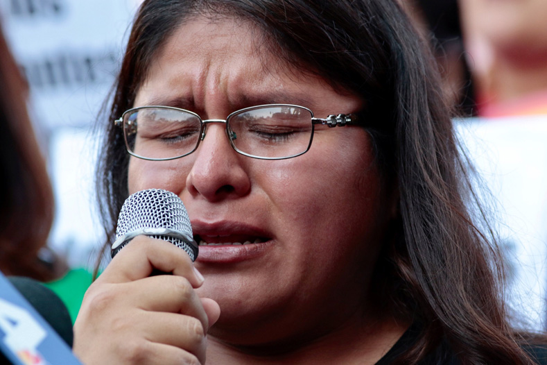 Diana Ramos, a Deferred Action for Childhood Arrivals (DACA) program recipient, becomes emotional while speaking during a rally outside the Edward R. Roybal Federal Building in Los Angeles, California, Sept. 5, 2017.