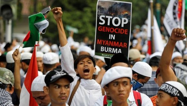A man shouts during a protest against the treatment of Rohingya Muslims, in Jakarta, Indonesia, on September 6, 2017. 