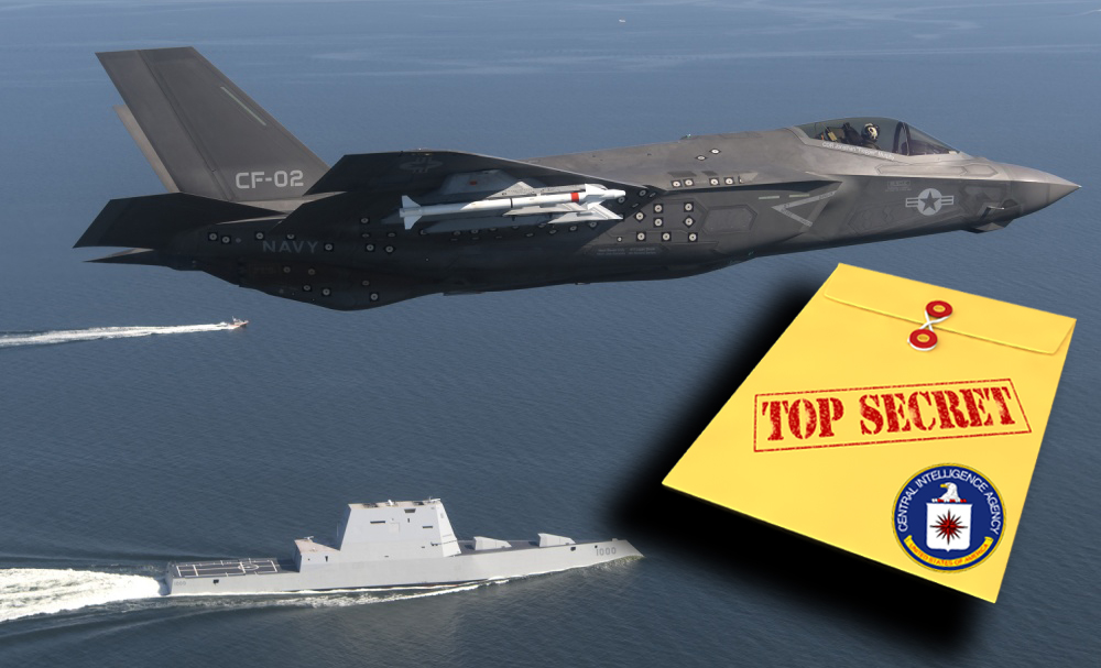 The missile control technology revealed by WikiLeaks is used in such fifth-generation strike fighters as the F-35 Lightning II Carrier Variant, seen here flying over the stealth guided-missile destroyer USS Zumwalt.
