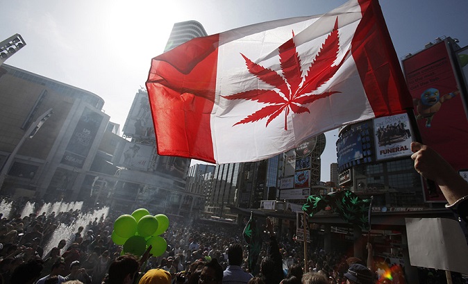 A man waves a marijuana leaf flag during 2010’s 4/20 rally in Toronto.