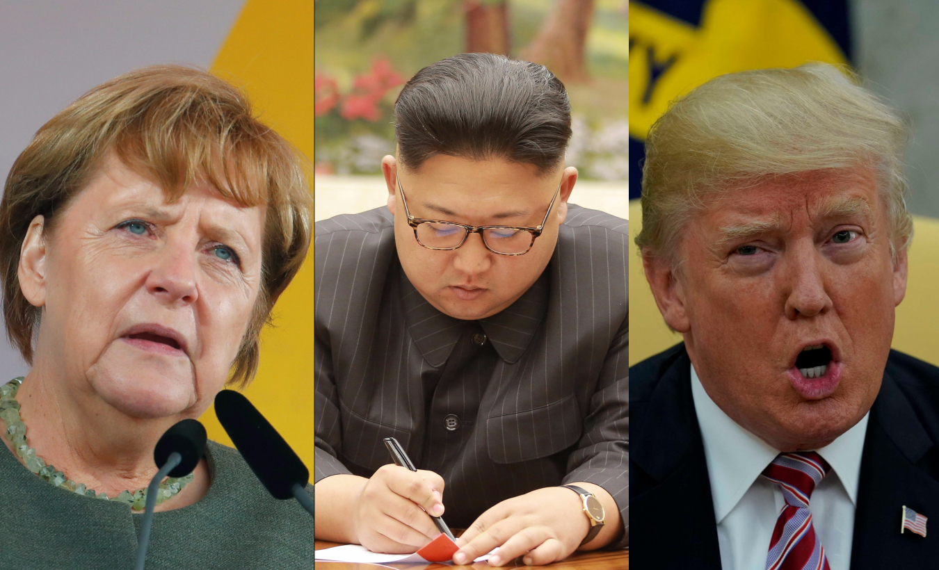 German Chancellor Angela Merkel (L), North Korean leader Kim Jong Un (C), and U.S. President Donald Trump (R).