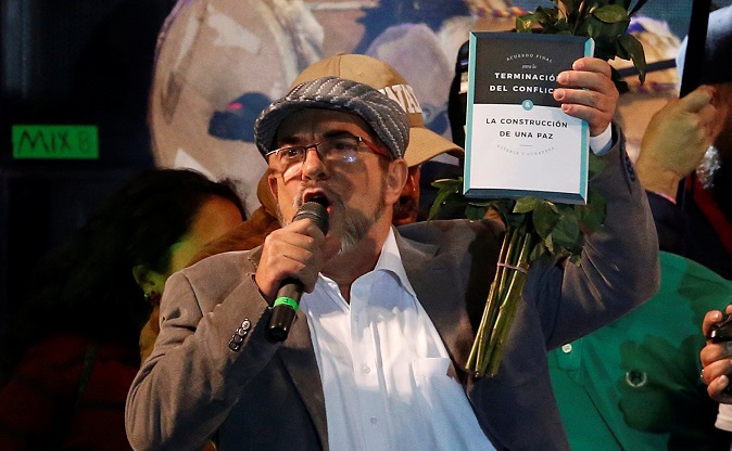 Timochenko speaks during the launching of the new political party Revolutionary Alternative Common Force, at the Plaza de Bolivar in Bogota, Colombia Sept. 1, 2017.