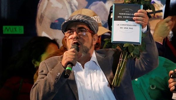 Timochenko speaks during the launching of the new political party Revolutionary Alternative Common Force, at the Plaza de Bolivar in Bogota, Colombia Sept. 1, 2017. 