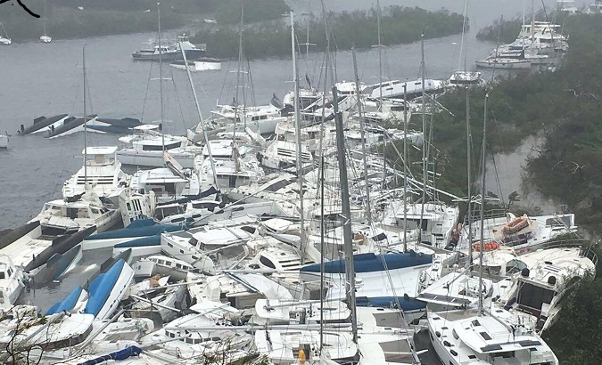Boats piled high in the BVI after Hurricane Irma.