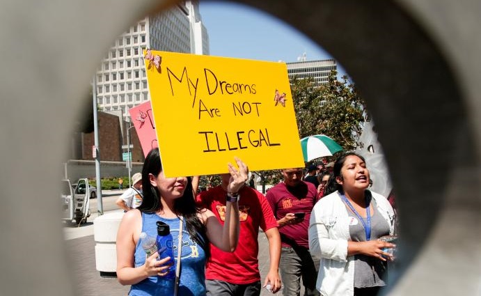 Protesters gather to show support for the Deferred Action for Childhood Arrivals (DACA) program recipient during a rally outside the Federal Building in Los Angeles, California, U.S., September 1, 2017