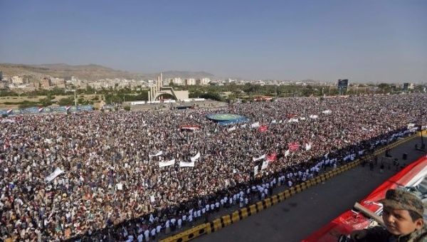 Tens of thousands of supporters of Yemen's Houthi rebel movement gather in the capital Sana'a to mark the third anniversary of the rebel uprising.