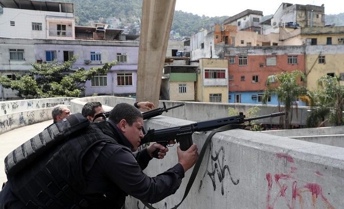 Military police officers in the favela of Rocinha in Rio de Janeiro