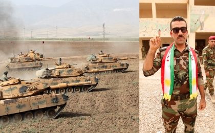 Turkish tanks during a military exercise near the Turkish-Iraqi border (L) Member of Peshmerga forces shows at referendum in Iraq (R) Sept. 25, 2017.