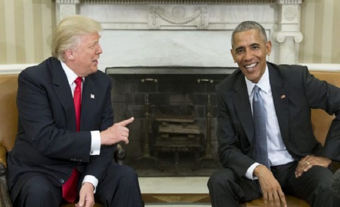 Incoming President Donald Trump shares a laugh with outgoing President Barack Obama.