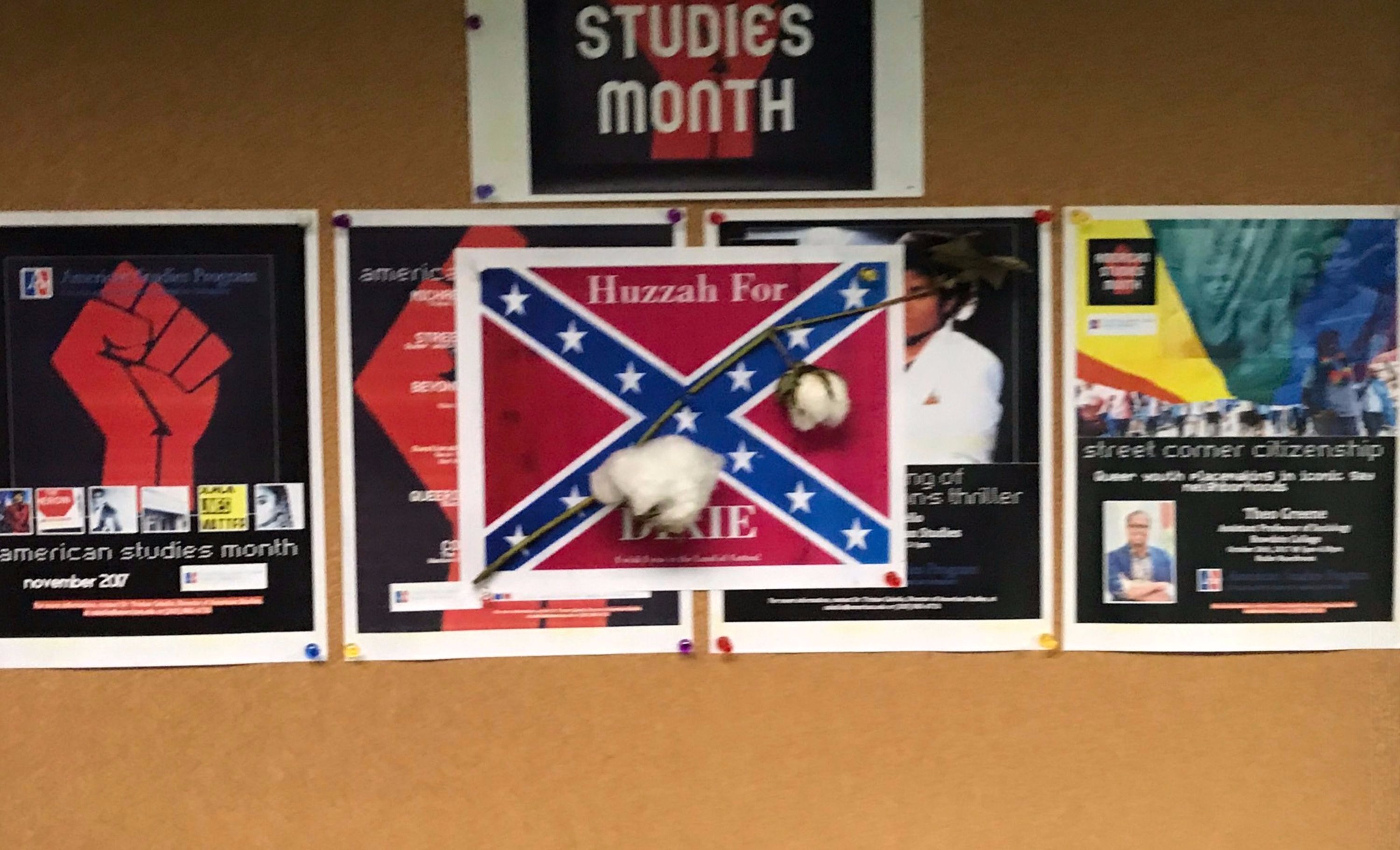 Confederate flag poster with cotton attached found at American University in Washington D.C., U.S., September 26, 2017 in this picture obtained from social media.
