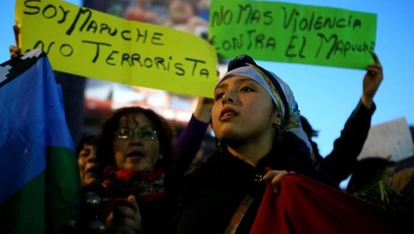 A Mapuche activist attends a protest in Santiago. The signs read: