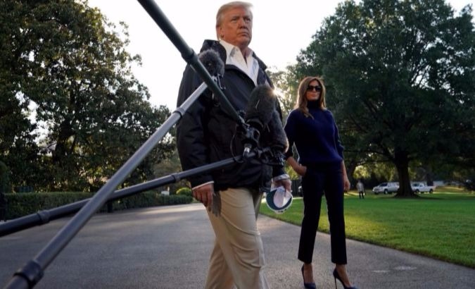 U.S. President Donald Trump and first lady Melania Trump depart the White House in Washington, U.S., on their way to view storm damage in Puerto Rico.