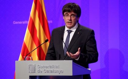 Catalan President Carles Puigdemont speaks during a news conference at Generalitat Palace in Barcelona, Spain, Oct. 2, 2017. 