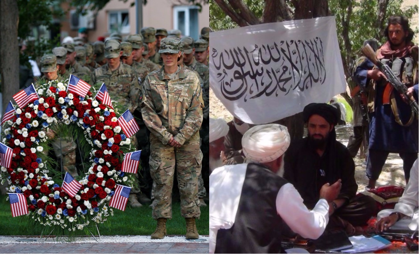 U.S. troops mark the 16th anniversary of the 9/11 attacks (L) while Taliban militia talk with villagers on the outskirts of Gardez, the capital of Paktia, southwestern Afghanistan (R).