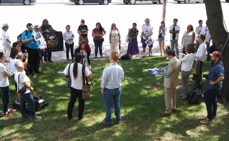 Ralliers meet in Austin, Texas to protest Columbus Day during the city's first recognition of Indigenous People's Day. 