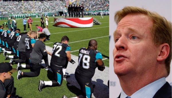 Roger Goodell, Commissioner of the National Football League (R) slammed players and asserted that NFL bosses believe all players should stand for the U.S. anthem.