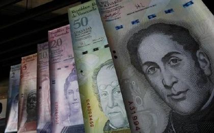 Samples of Venezuela's currencies are displayed at the Central Bank building in Caracas.