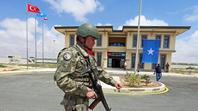 A soldier patrolling Turkey's largest overseas military base in Somalia near Mogadishu.