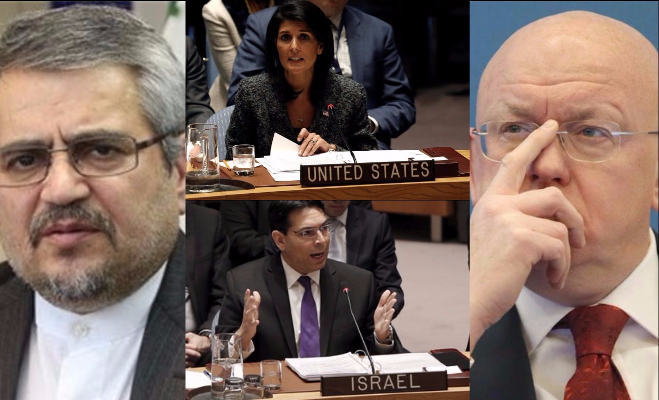 United Nations ambassadors, clockwise from top: Nikki Haley of the U.S., Vassily Nebenzya of Russia, Danny Danon of Israel and Gholam Ali Khoshroo of Iran