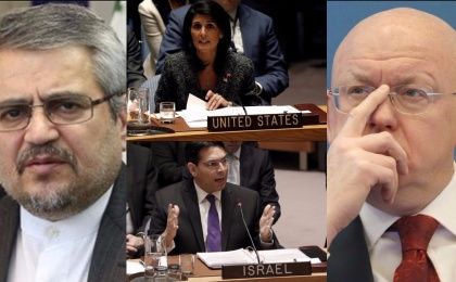 United Nations ambassadors, clockwise from top: Nikki Haley of the U.S., Vassily Nebenzya of Russia, Danny Danon of Israel and Gholam Ali Khoshroo of Iran