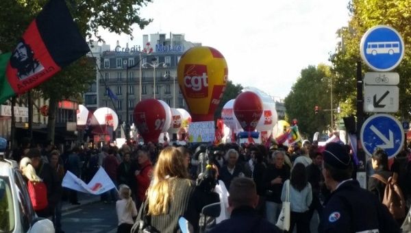Public sector workers and labour unions take part in a nationwide strike against French government reforms in Paris, France, Oct. 19, 2017.