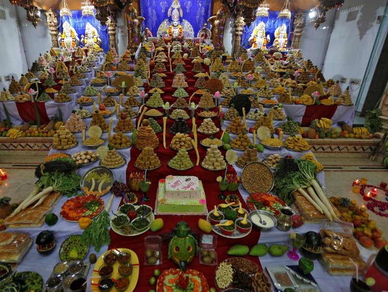 Delicacies offered to lord Swaminarayan at an Ahmedabad temple as part of Diwali celebrations. 