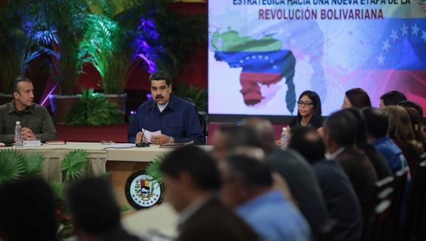 Venezuela's President Nicolas Maduro speaks during a meeting with governors and members of the government in Caracas