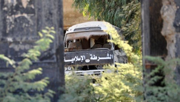An abandoned Islamic State group vehicle in al-Mayadin.