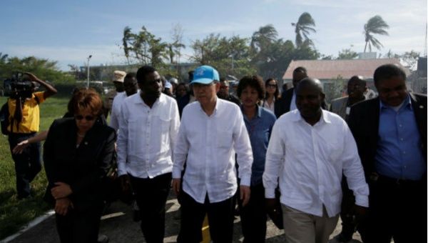 U.N. Secretary General Ban Ki Moon and Haitian interim Prime Minister Enex Jean-Charles during a visit after Hurricane Matthew in Les Cayes, Haiti.