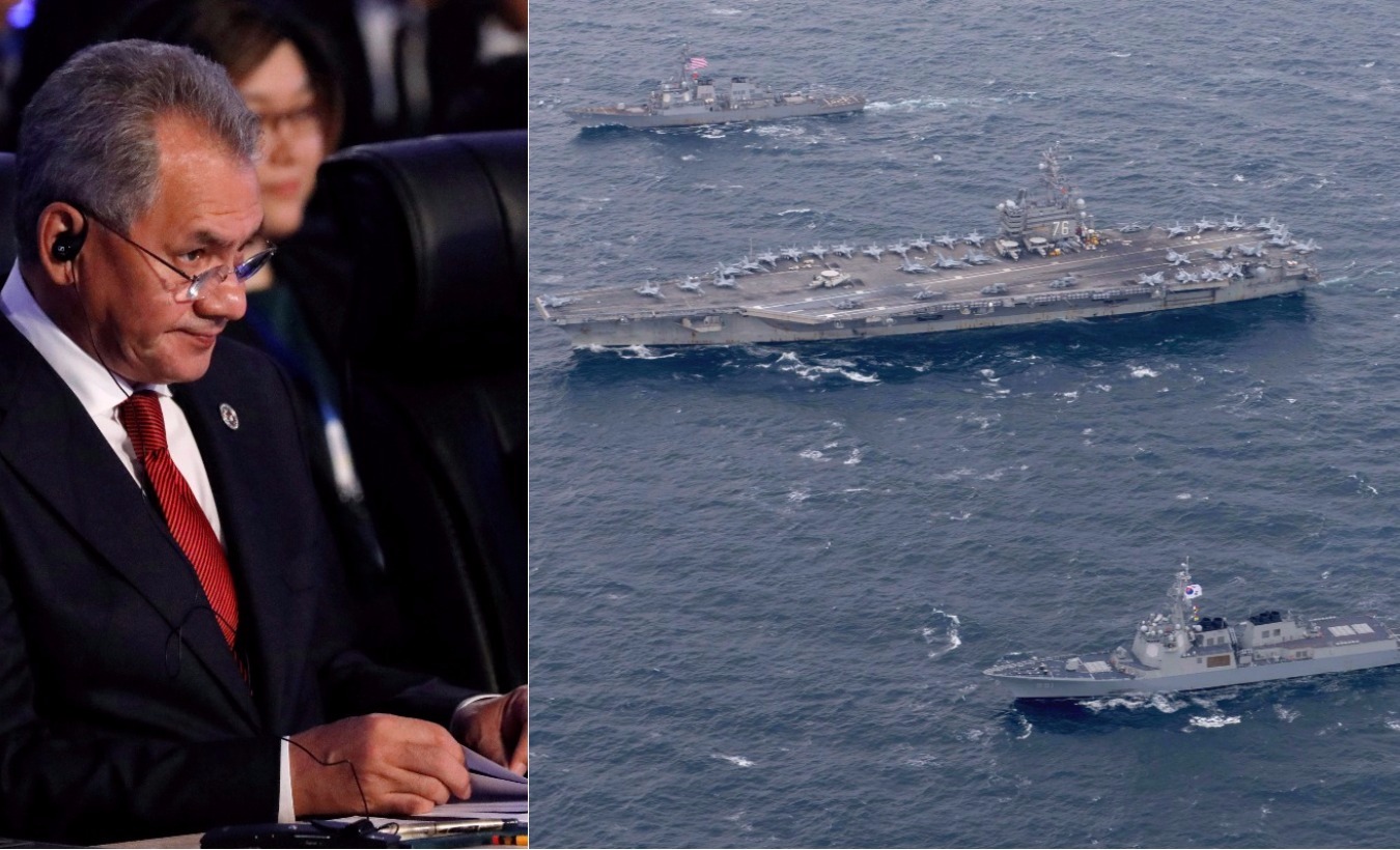 Russian Defense Minister Sergei Shoigu and the U.S. Navy's aircraft carrier USS Ronald Reagan and the destroyer USS Stethem alongside ships from the Republic of Korea Navy in the waters east of the Korean Peninsula on October 18, 2017 (R)
