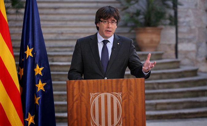 Sacked Catalan President Carles Puigdemont makes a statement the day after the Catalan regional parliament declared independence from Spain in Girona, Spain, October 28, 2017.