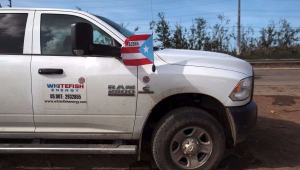 A pickup truck from Montana-based Whitefish Energy Holdings is parked in Manati, Puerto Rico Oct. 25, 2017. 