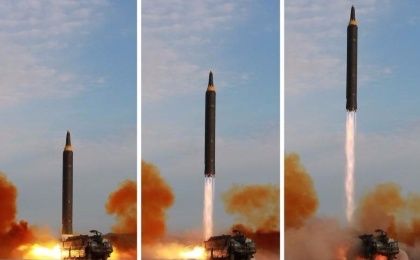 North Korean leader Kim Jong Un (not pictured) guides the launch of a Hwasong-12 missile in this undated combination photo released by North Korea's Korean Central News Agency on Sept. 16, 2017.