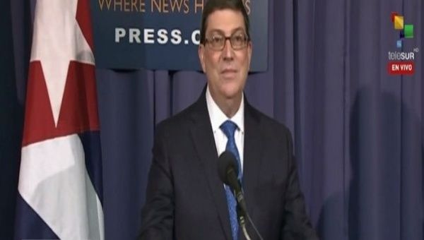 Cuban Foreign Minister Bruno Rodriguez speaking at the Cuban embassy in Washington D.C.