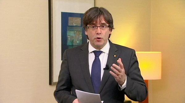 Sacked Catalan President Carles Puigdemont makes a statement calling for the release of 