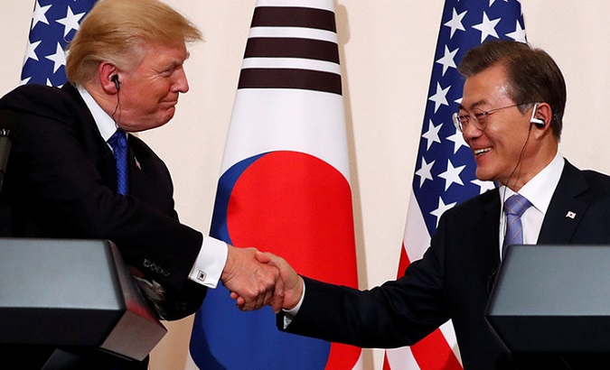 While visiting South Korean President Moon Jae-in in Seoul, Trump offered his congratulations, on the large amount of equipment purchased from the United States.