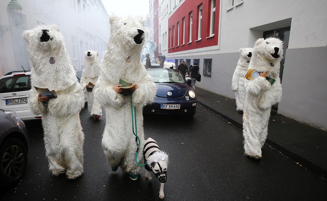 People dressed as polar bears demonstrate at the COP 23 UN Climate Change Conference in Bonn, Germany, November 2017.