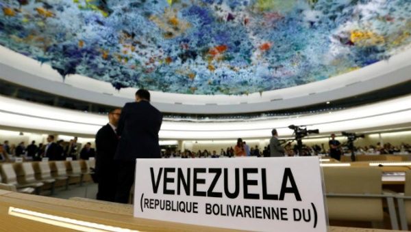 The name place sign of Venezuela is pictured on the country's desk at the 36th Session of the Human Rights Council at the United Nations in Geneva. (FILE)