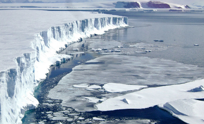 A 2008 view of the leading edge of the Larsen B ice shelf, extending into the northwest part of the Weddell Sea. Huge, floating ice shelves that line the Antarctic coast help hold back sheets of ice that cover land.