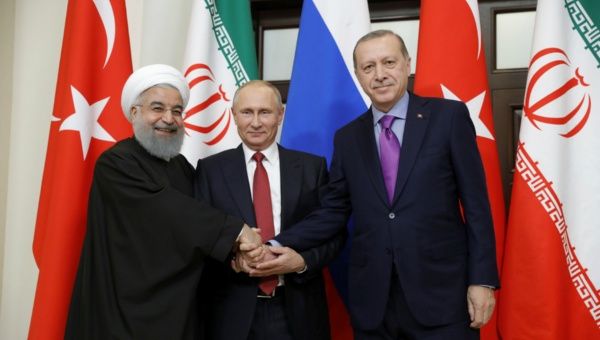 Iran's President Hassan Rouhani, Russia's Vladimir Putin and Turkey's Tayyip Erdogan meet in Sochi, Russia, Nov. 22, 2017. 